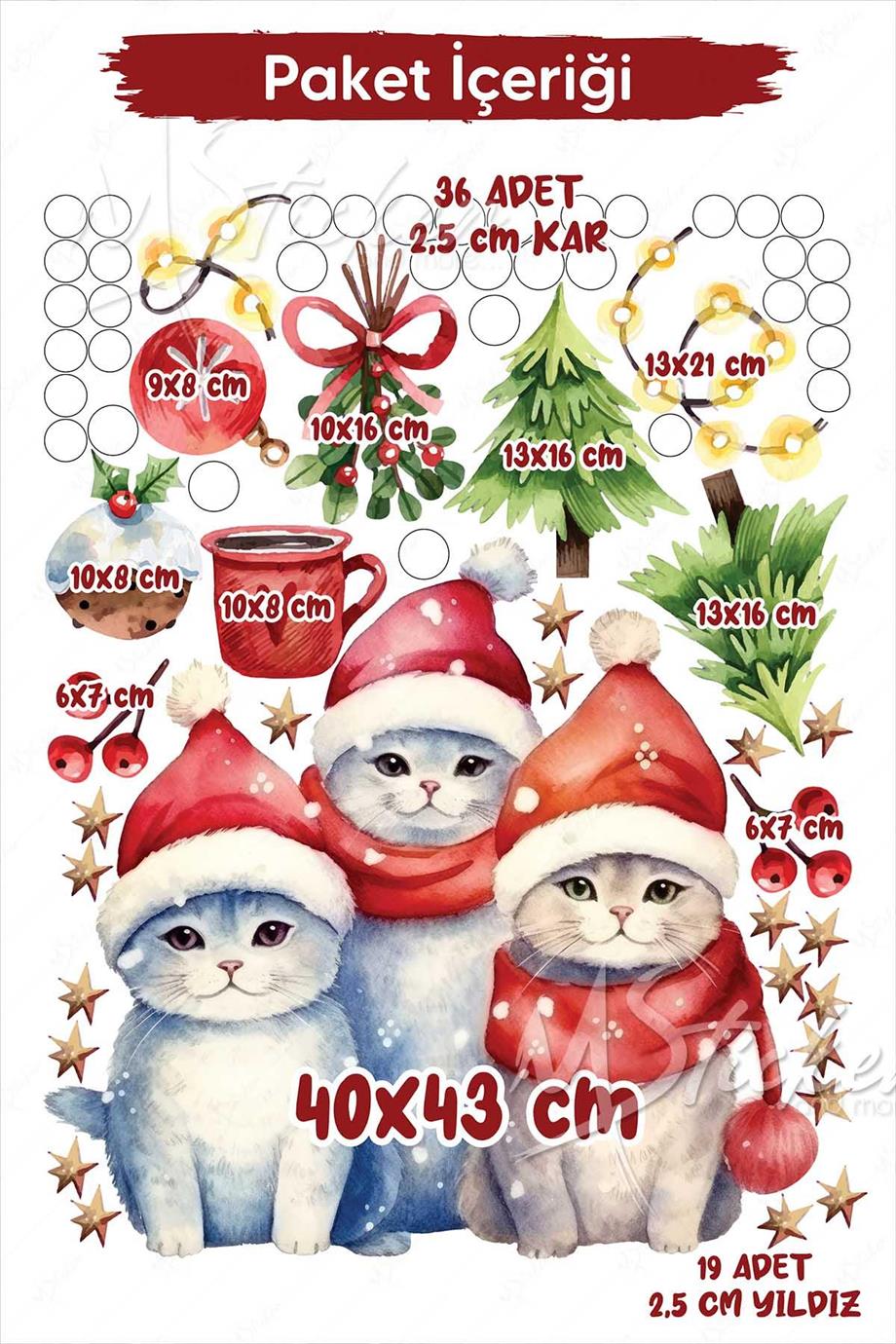 Yeni Yıl Yılbaşı Kedileri Cam Duvar Sticker Seti Sevimli Kediler Kış Konseptli Figürler Yılbaşı Süsü