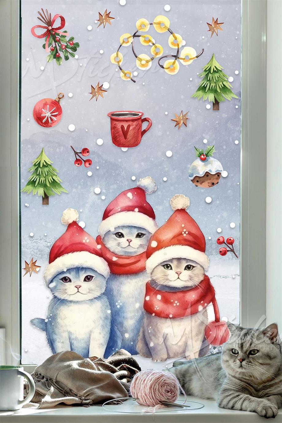 Yeni Yıl Yılbaşı Kedileri Cam Duvar Sticker Seti Sevimli Kediler Kış Konseptli Figürler Yılbaşı Süsü