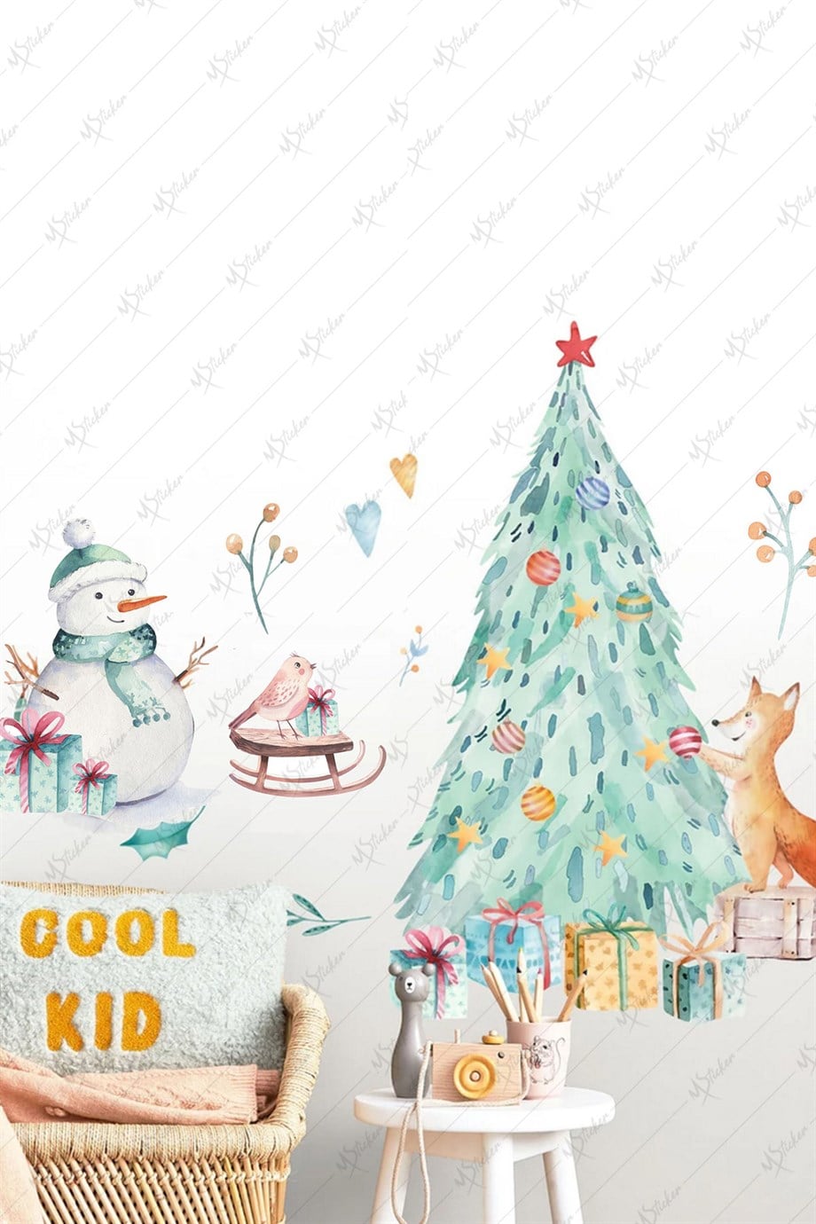 Yılbaşı Ağacı ve Sevimli Hayvanlar Cam Duvar Sticker Seti, Yılbaşı Sticker Yılbaşı Süsü