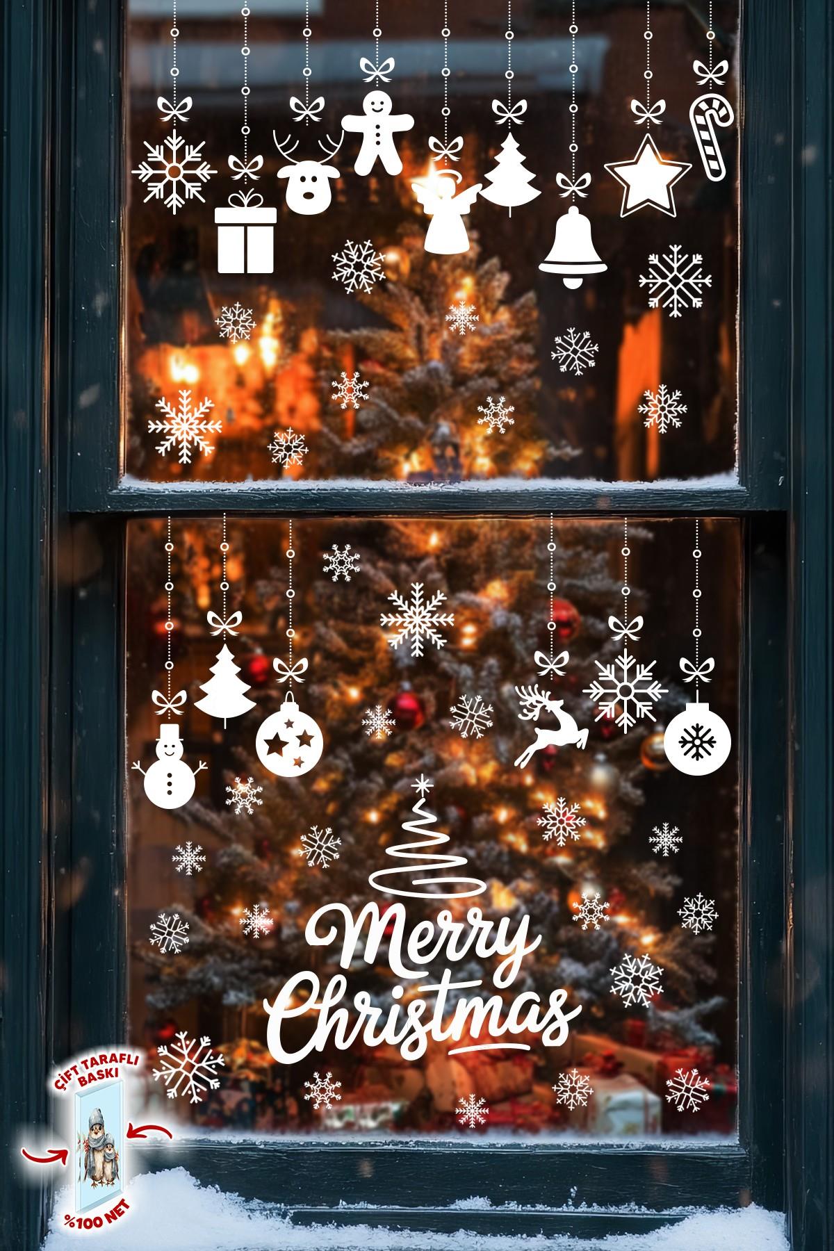 Yılbaşı Cam Süsü Sticker Seti – Merry Christmas Çift Taraflı Baskı 42 Kar Tanesi ve 34 Parça Figür