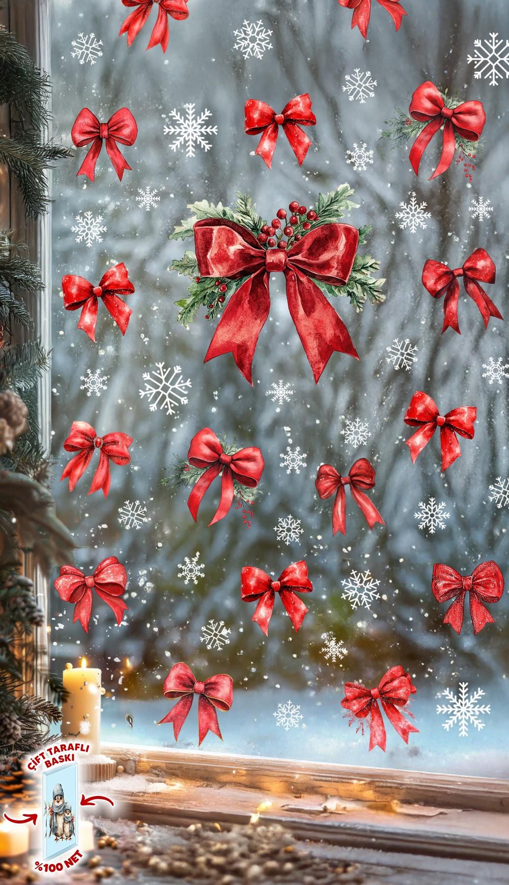 Yılbaşı Çift Taraflı Cam Sticker Seti – 28 Parça Kırmızı Kurdele & 42 Kar Tanesi – Noel Pencere Süsü