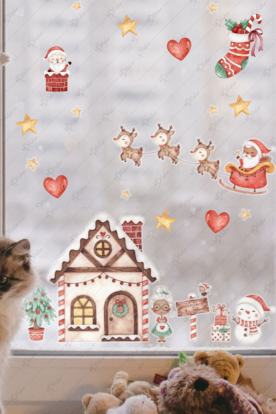 Yılbaşı Kış Evi Kardan Adam ve Noel Baba Kış Figürleri Kalpler ve Yıldızlar Yeni Yıl Sticker Seti