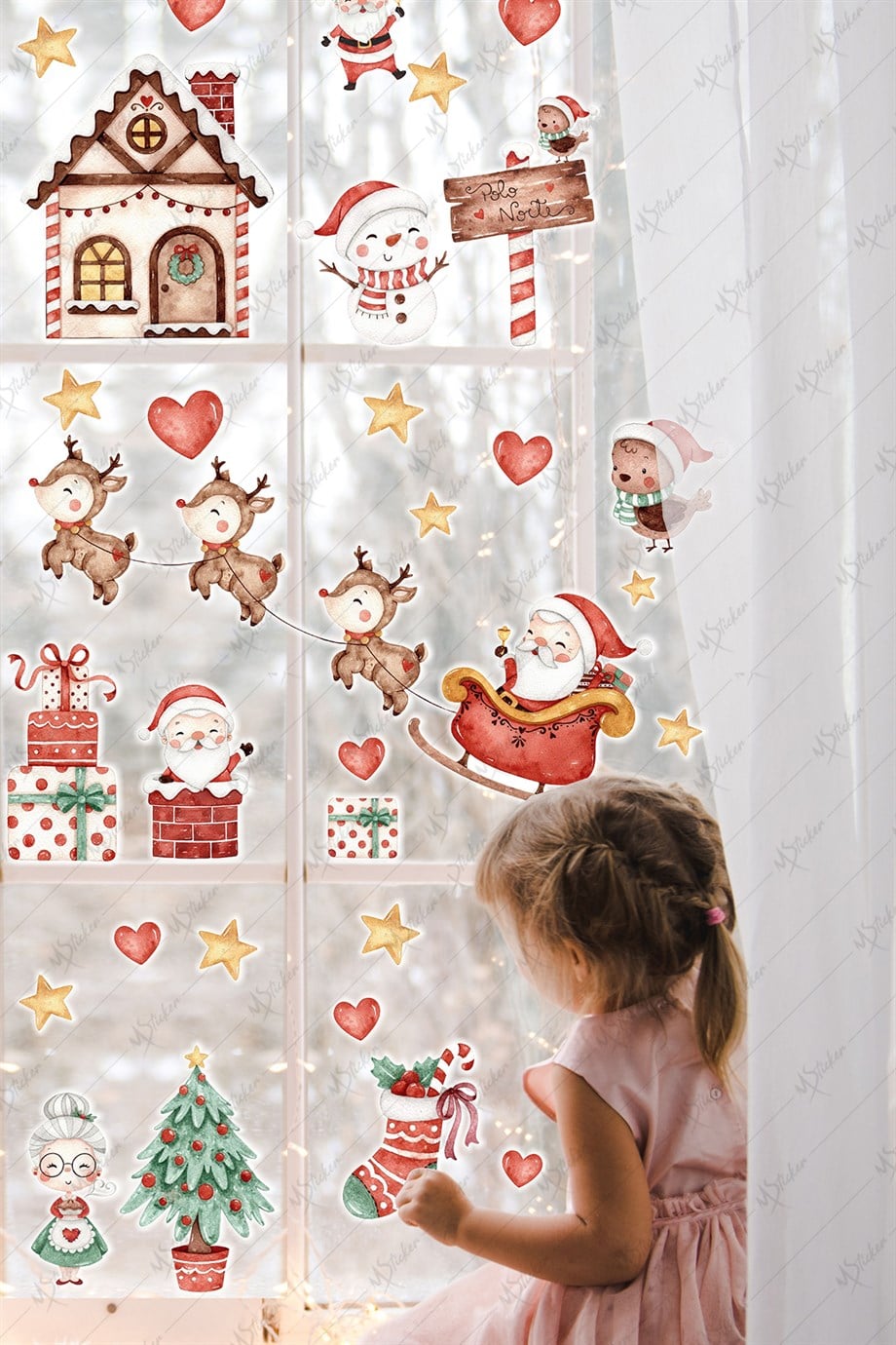 Yılbaşı Kış Evi Kardan Adam ve Noel Baba Kış Figürleri Kalpler ve Yıldızlar Yeni Yıl Sticker Seti - ŞEFFAF