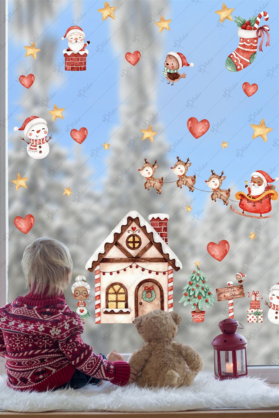 Yılbaşı Kış Evi Kardan Adam ve Noel Baba Kış Figürleri Kalpler ve Yıldızlar Yeni Yıl Sticker Seti