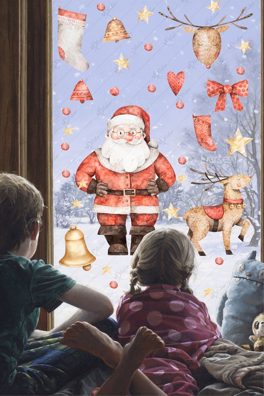 Yılbaşı Noel Babalı Cam Duvar Süsü, Yeni Yıl Geyik Yıldızlar Ve Santa Claus Sticker Seti YB2 