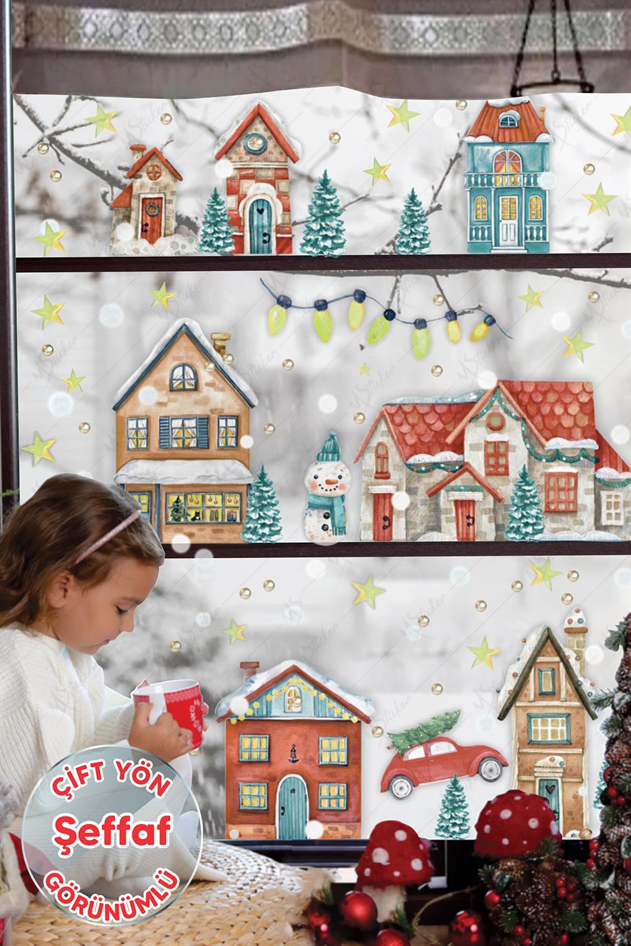 Yılbaşı ŞEFFAF Karlı Şehir Yeni Yıl Çocuk Bebek Odası Sticker Seti - Çift Yön Görünümlü