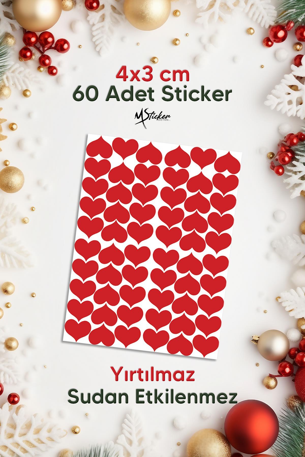 Yılbaşı Sevgililer Günü 3x4 cm 60 Adet Kalp Sticker Seti, Hediye Paketi Süsü - Paketleme -  Özel Kesimli