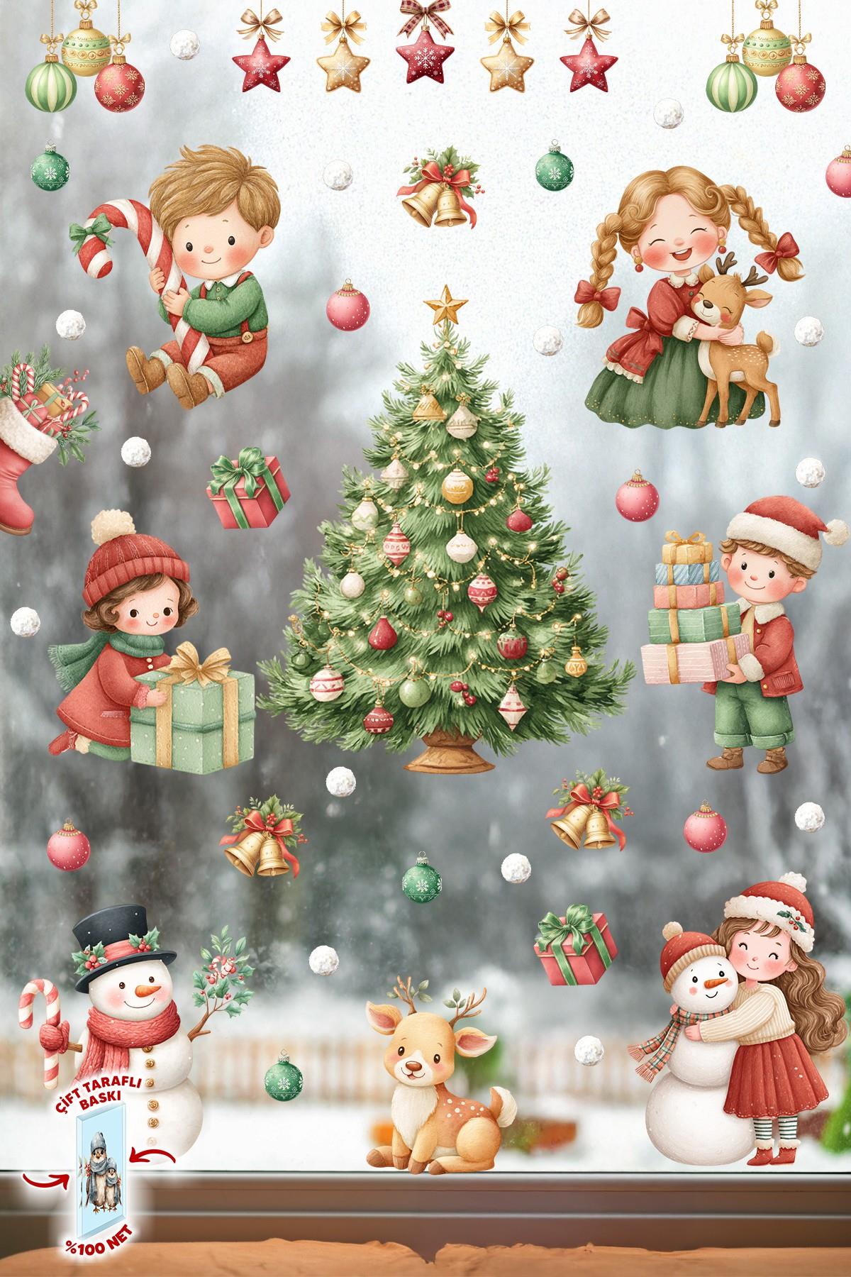 Yılbaşı Temalı Çocuk Odası Cam Sticker Seti – Çam Ağacı, Kardan Adam, Hediye Noel Figürleri 44 Parça