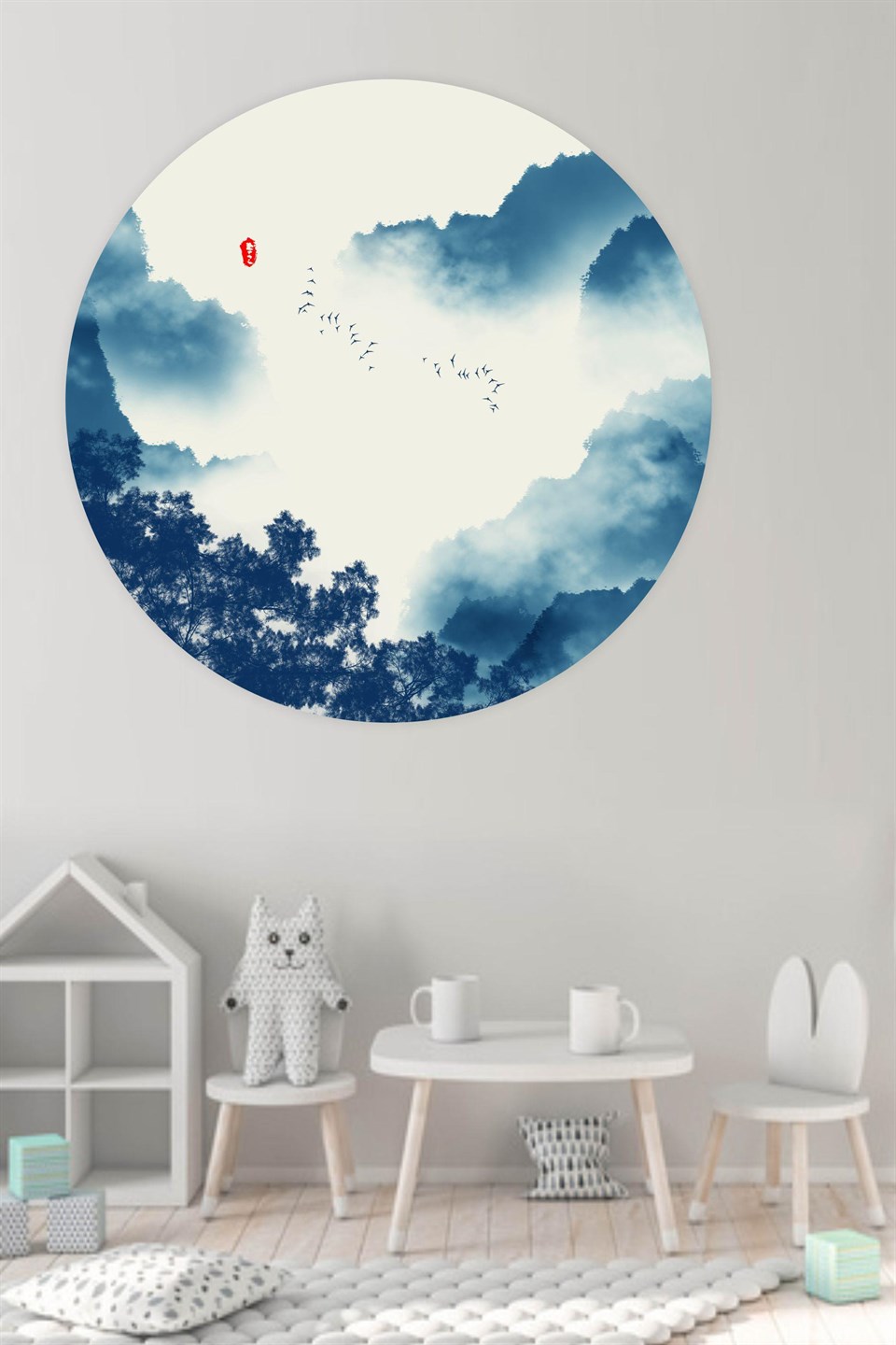 Yuvarlak Mavi Tonlarda Manzara Duvar Sticker (95x95 cm)