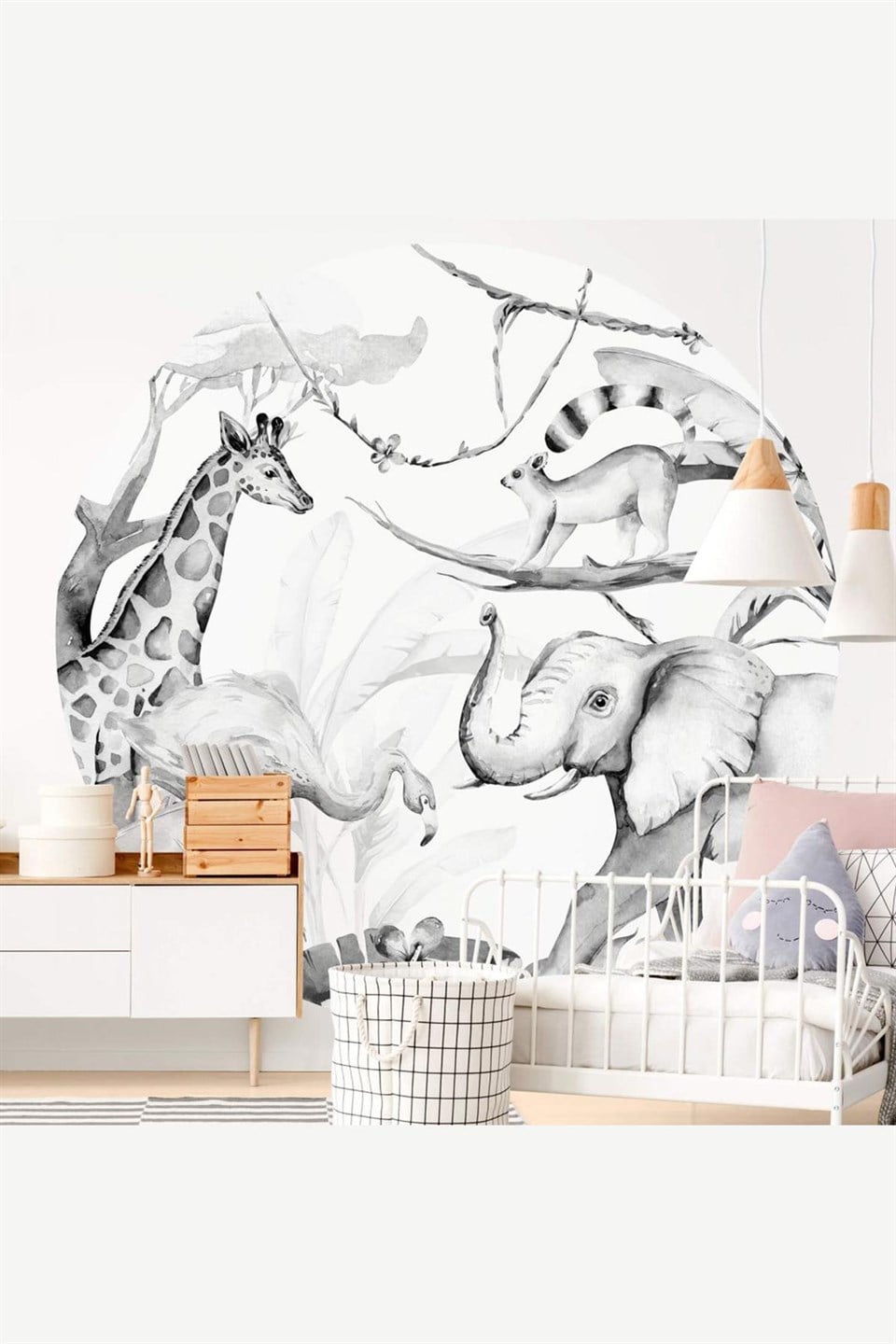 Yuvarlak Tropikal Hayvanlar Gri Tonlarda Duvar Sticker (120x120 c