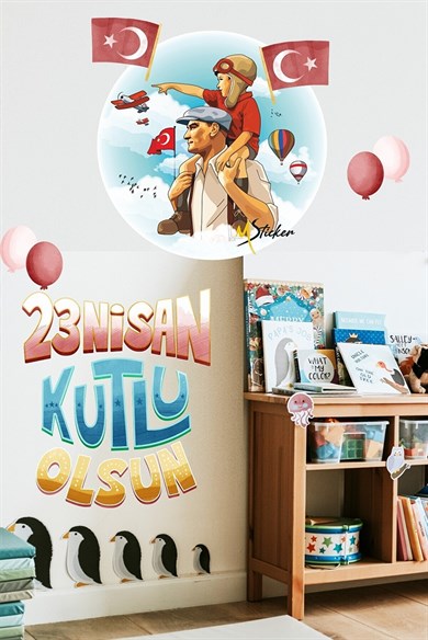  23 Nisan Atatürk ve Çocuk Okul Kreş Cam Duvar Süslemesi Sticker Seti