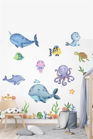  Eğitici Sevimli Deniz Hayvanları ve Bitkiler Sticker Seti (Büyük Boy)