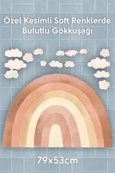  Soft Kahve Tonlarda Gökkuşağı Ve Bulutlar Çocuk Odası Sticker Seti