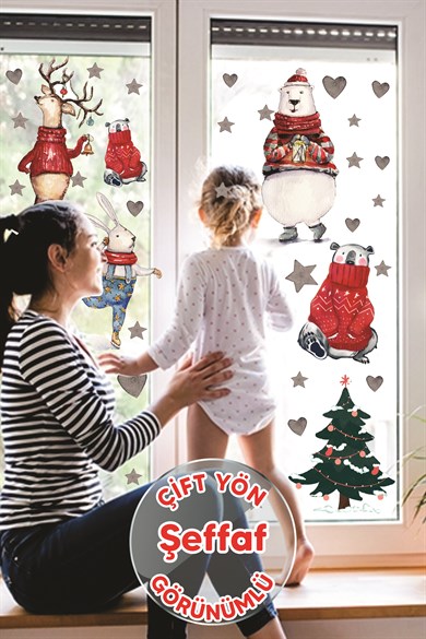 Yılbaşı Cam Duvar Süsü, Kış Konseptli Ayıcıklar ve Sevimli Hayvanlar Sticker Seti