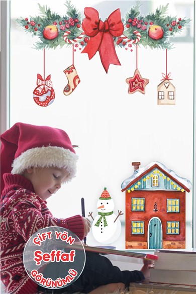 Yılbaşı Fiyonk Ev ve Kardan Adam Bebek Çocuk Odası Sticker Seti - ŞEFFAF