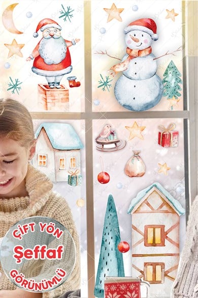Yılbaşı Sticker Seti - Eğlenceli Kış Figürleri Cam Duvar Sticker Seti - ŞEFFAF