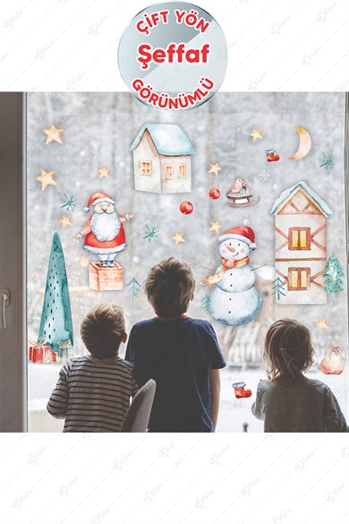 Yılbaşı Sticker Seti - Eğlenceli Kış Figürleri Cam Duvar Sticker Seti - ŞEFFAF