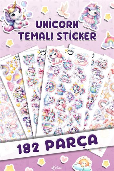 182 Adet Unicorn Sticker Seti - Kalem Suluk Defter Cam Masa Laptop Tablet Sticker Suya Dayanıklı