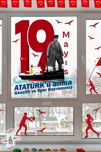 19 Mayıs Atatürk’ü Anma Gençlik ve Spor Bayramı Çift Taraflı Cam Sticker Set – 100% Görünüm,90 Parça