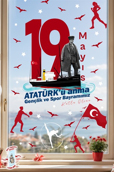 19 Mayıs Atatürk’ü Anma Gençlik ve Spor Bayramı Çift Taraflı Cam Sticker Set – 100% Görünüm,90 Parça
