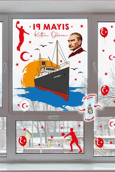 19 Mayıs Bayramı Atatürk ve Gençlik Tema Cam Pano Duvar Sticker Seti 72 Parça Dev İki Taraflı Baskı