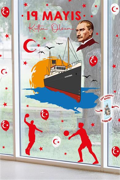 19 Mayıs Bayramı Atatürk ve Gençlik Tema Cam Pano Duvar Sticker Seti 72 Parça Dev İki Taraflı Baskı