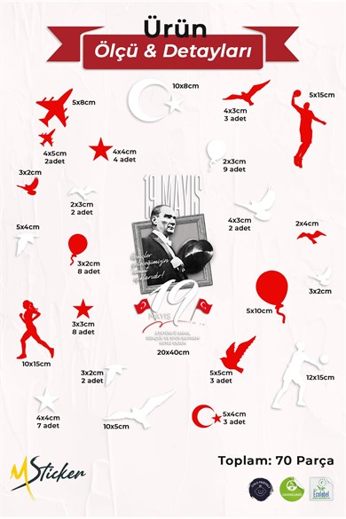 19 Mayıs Çift Taraflı Cam Sticker Seti 70 Parça Atatürk Temalı Pencere Süsü, Atatürk, Gençlik Bayram
