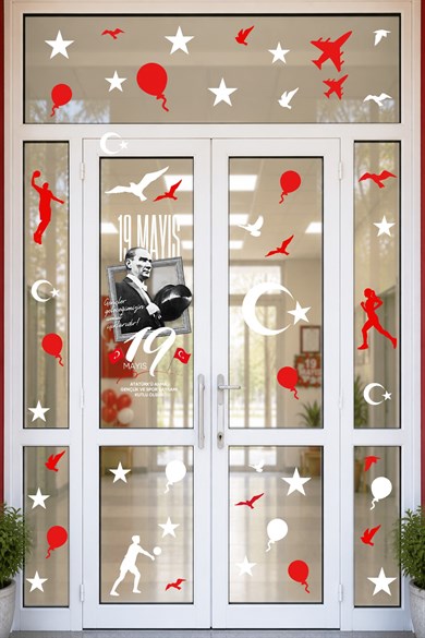 19 Mayıs Çift Taraflı Cam Sticker Seti 70 Parça Atatürk Temalı Pencere Süsü, Atatürk, Gençlik Bayram