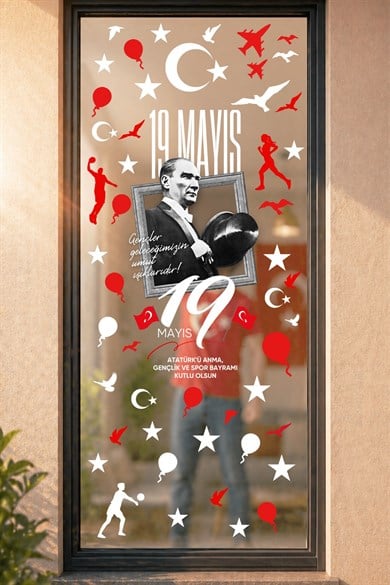 19 Mayıs Çift Taraflı Cam Sticker Seti 70 Parça Atatürk Temalı Pencere Süsü, Atatürk, Gençlik Bayram