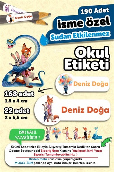 190 Adet Kişiye Özel Okul Etiketi İsimli Kalem Defter Suluk Etiket Suya Dayanıklı Etiket Zootopia