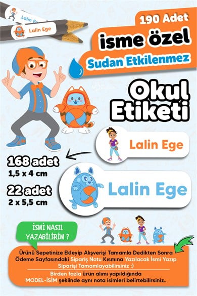190 Adet Kişiye Özel Okul Etiketi İsimli Kalem Defter Suluk Etiket Dayanıklı Etiket Bilippi temalı