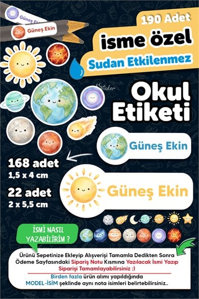 190 Adet Kişiye Özel Okul Etiketi İsimli Kalem Defter Suluk Etiket Dayanıklı Etiket Gezegen Temalı