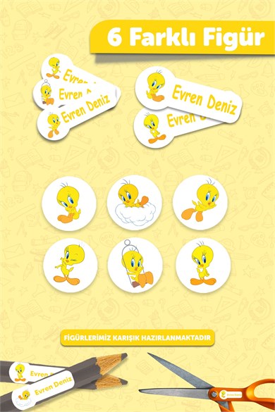 190 Adet Kişiye Özel Okul Etiketi İsimli Kalem Defter Suluk Etiket Dayanıklı Etiket Tweety