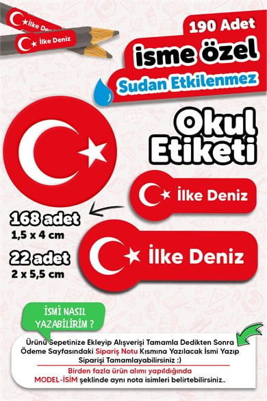 190 Adet Kişiye Özel Okul Etiketi İsimli Kalem Defter Suluk Etiket Dayanıklı Etiket Türk Bayrağı