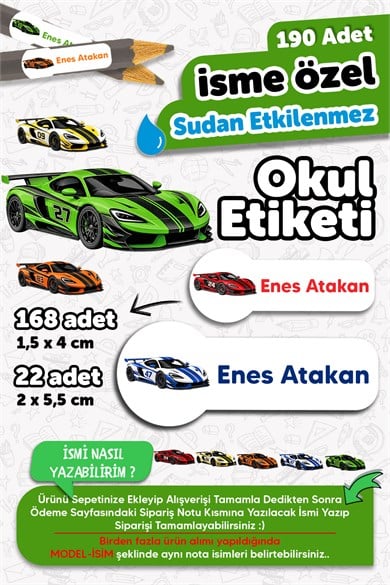 190 Adet Kişiye Özel Okul Etiketi İsimli Kalem Defter Suluk Etiket Dayanıklı Etiket Yarış Arabaları