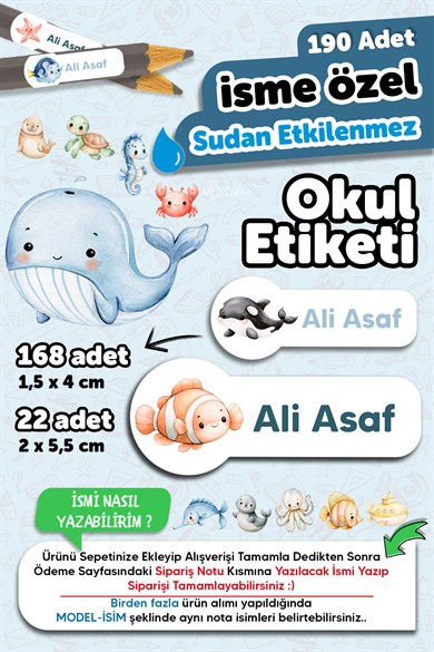 190 Adet Kişiye Özel Okul Etiketi İsimli Kalem Defter Suluk Etiket Suya Dayanıklı Etiket Balıklar
