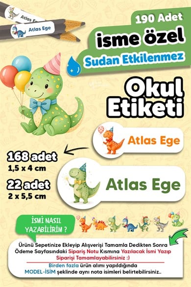 190 Adet Kişiye Özel Okul Etiketi İsimli Kalem Defter Suluk Etiket Suya Dayanıklı Etiket Dinazorlar