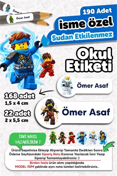 190 Adet Kişiye Özel Okul Etiketi İsimli Kalem Defter Suluk Etiket Dayanıklı Etiket Ninja