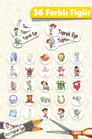 190 Adet Kişiye Özel Okul Etiketi İsimli Kalem Defter Suluk Etiket Suya Dayanıklı Etiket Toy Story
