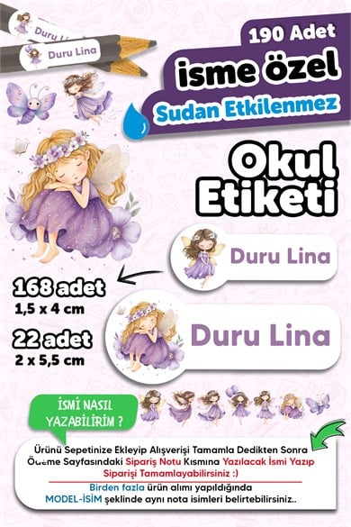 190 Adet Kişiye Özel Okul Etiketi İsimli Kalem Defter Suluk Etiket Dayanıklı Etiket Mor Peri Kızı