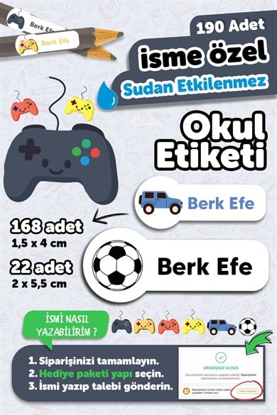 190 Adet Kişiye Özel Okul Etiketi İsimli Kalem Defter Suluk Etiket Suya Dayanıklı Etiket Oyun