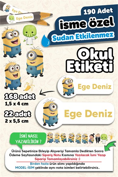 190 Adet Kişiye Özel Okul Etiketi İsimli Kalem Defter Suluk Etiket Suya Dayanıklı Etiket Minion