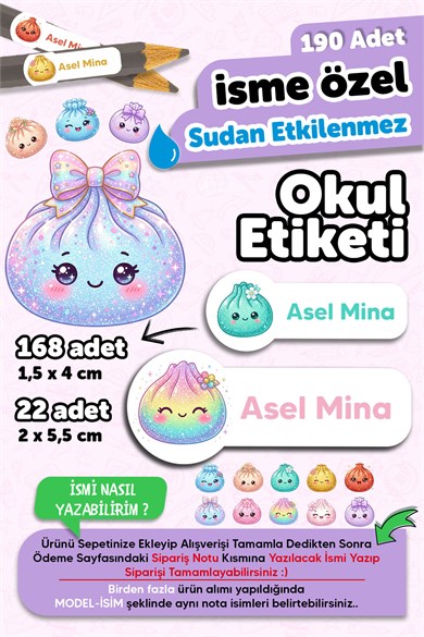 190 Adet Kişiye Özel Okul Etiketi İsimli Kalem Defter Suluk Etiket Dayanıklı Etiket Renkli Çin Mantısı