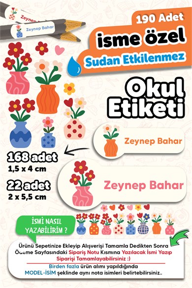 190 Adet Kişiye Özel Okul Etiketi İsimli Kalem Defter Suluk Etiket Dayanıklı Etiket Vazolu Çiçek