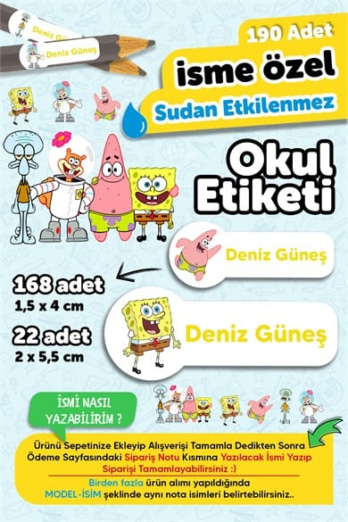 190 Adet Kişiye Özel Okul Etiketi İsimli Kalem Defter Suluk Etiket Dayanıklı Etiket Sünger Dob