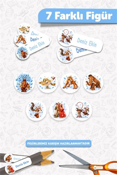 190 Adet Kişiye Özel Okul Etiketi İsimli Kalem Defter Suluk Etiket Dayanıklı Etiket Buz Devri Ice Ag
