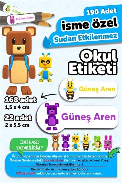 190 Adet Kişiye Özel Okul Etiketi İsimli Kalem Defter Suluk Etiket Dayanıklı Etiket Super Bear