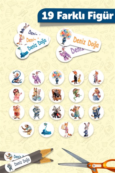 190 Adet Kişiye Özel Okul Etiketi İsimli Kalem Defter Suluk Etiket Suya Dayanıklı Etiket Zootopia
