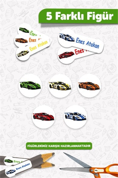 190 Adet Kişiye Özel Okul Etiketi İsimli Kalem Defter Suluk Etiket Dayanıklı Etiket Yarış Arabaları