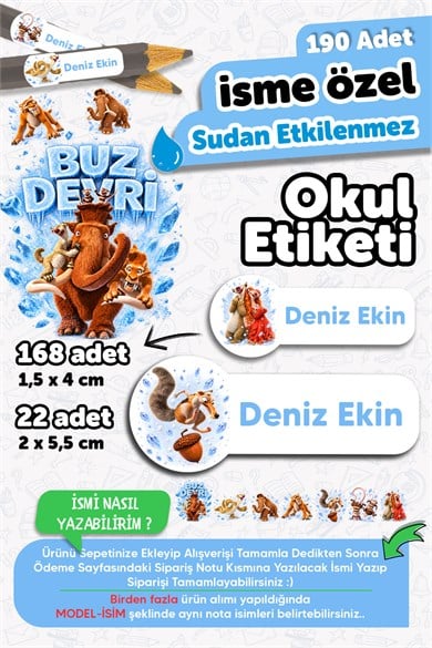 190 Adet Kişiye Özel Okul Etiketi İsimli Kalem Defter Suluk Etiket Dayanıklı Etiket Buz Devri Ice Ag